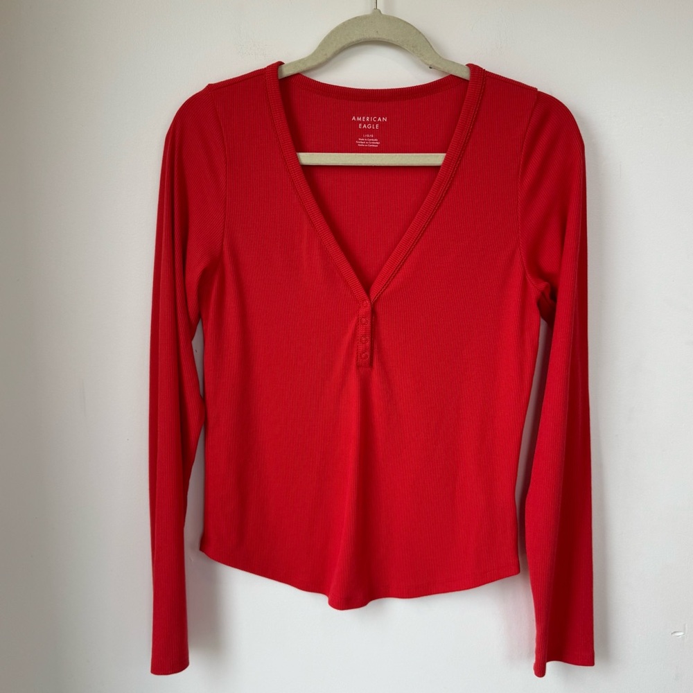 American Eagle Outfitters Red Long Sleeve V-Neck Top